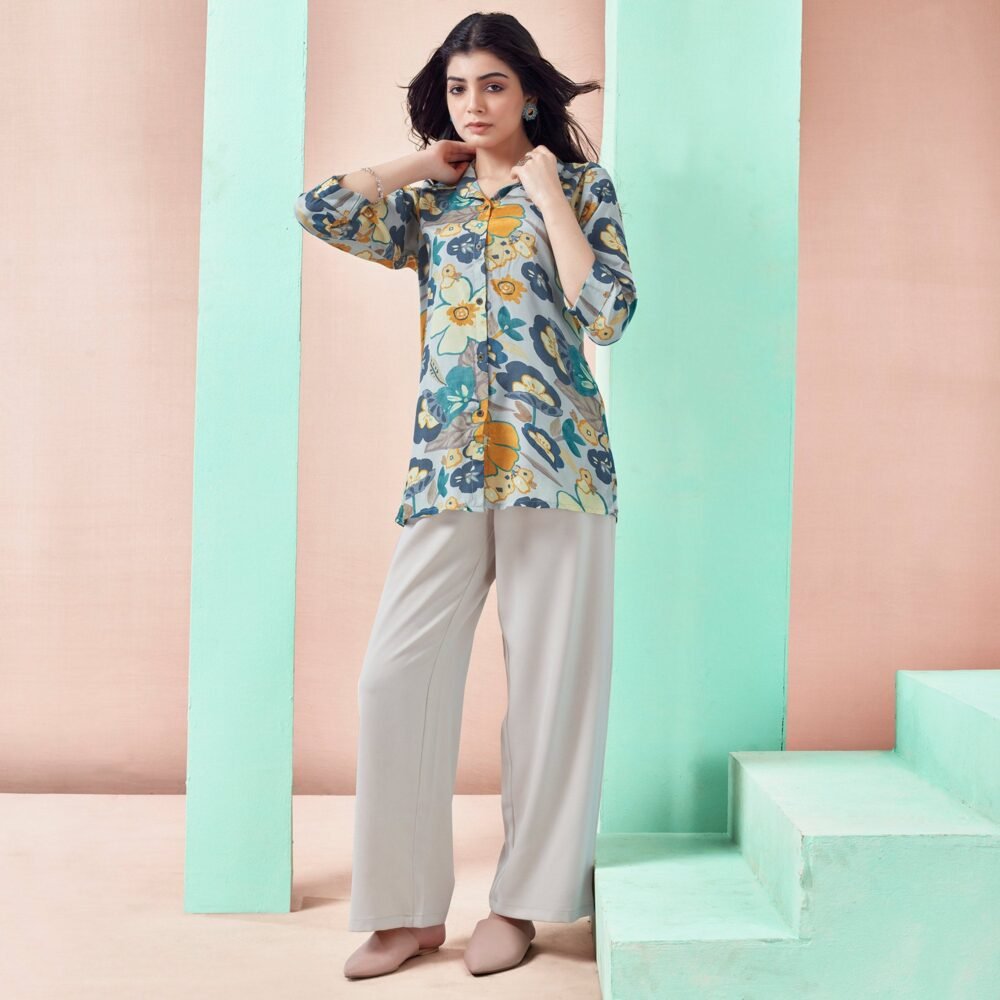 Light Grey Floral Printed Muslin Top - Image 7