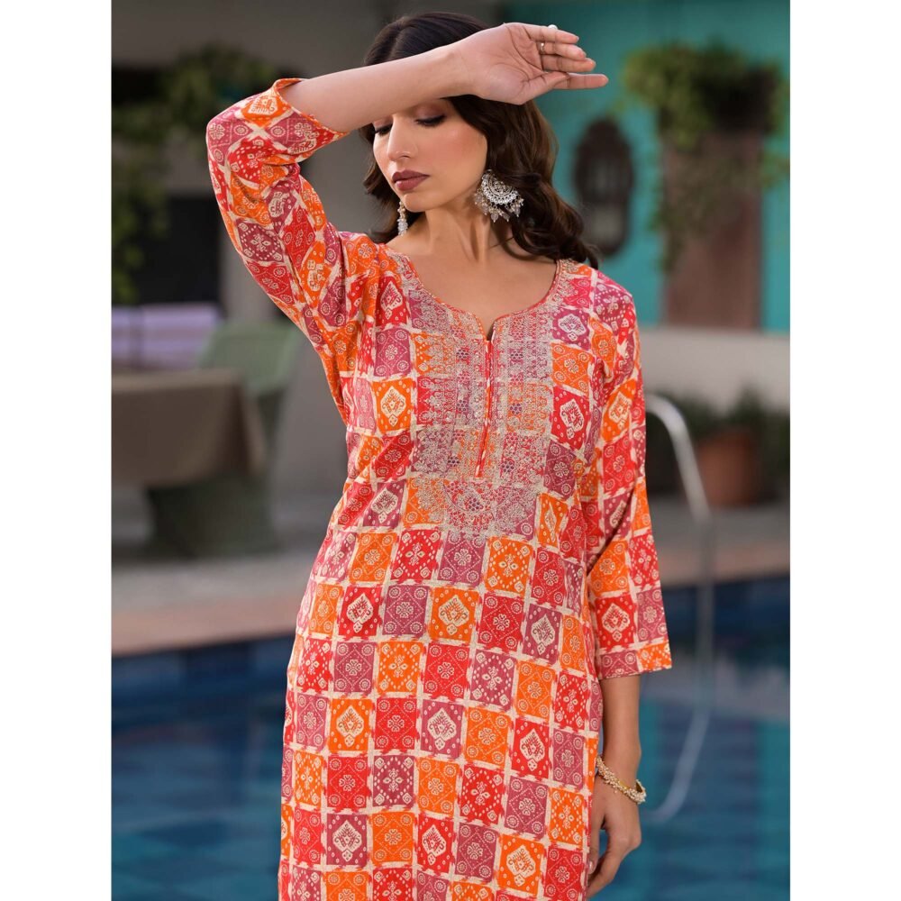 Red & Orange Bandhani Foil Printed Rayon Straight Kurti - Image 3