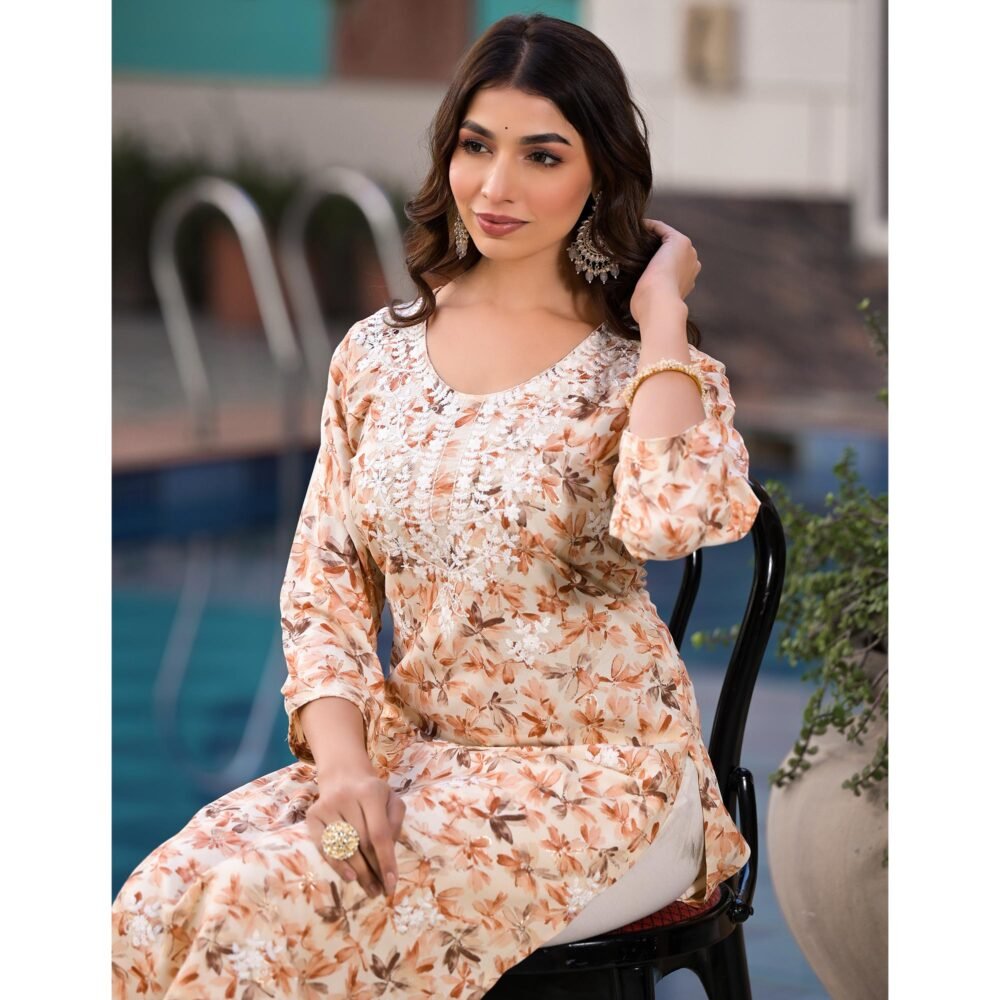 Beige Chikankari Embroidery Rayon Straight Kurti - Image 8