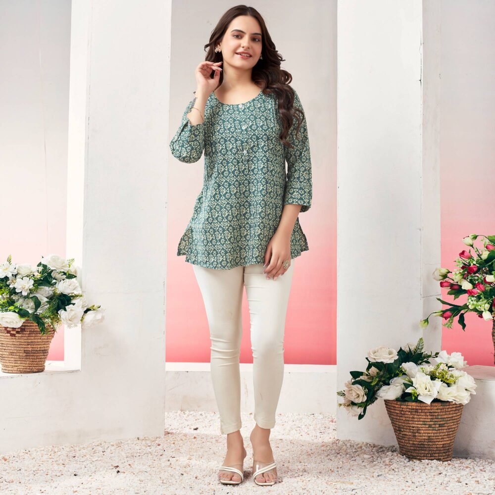 Green Printed Pure Cotton Straight Top - Image 7