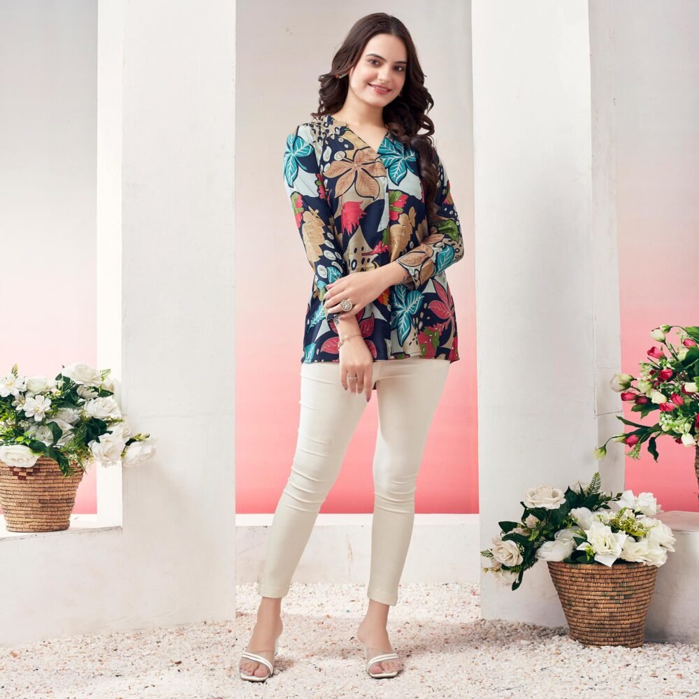 Navy Blue Floral Foil Printed Muslin Top - Image 7