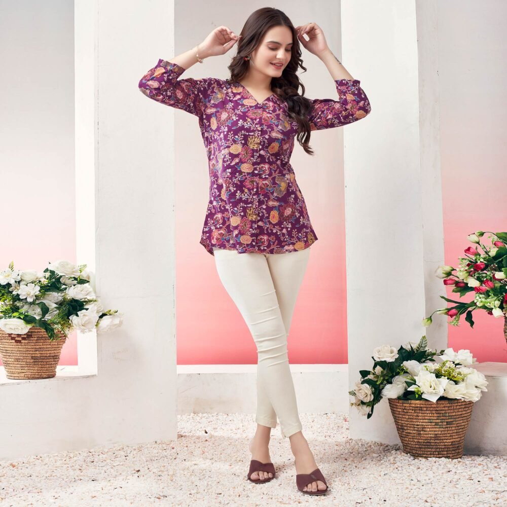 Purple Floral Printed Pure Cotton Top - Image 7