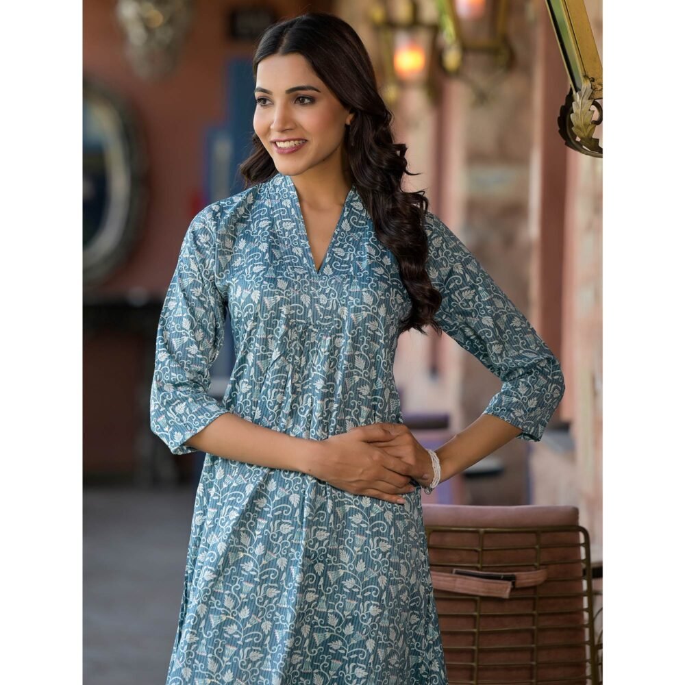 Turquoise Floral Printed Rayon A-line Kurti - Image 8