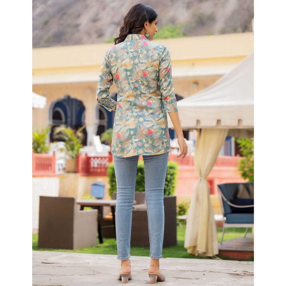 Blue Floral Printed Rayon Top - Image 8
