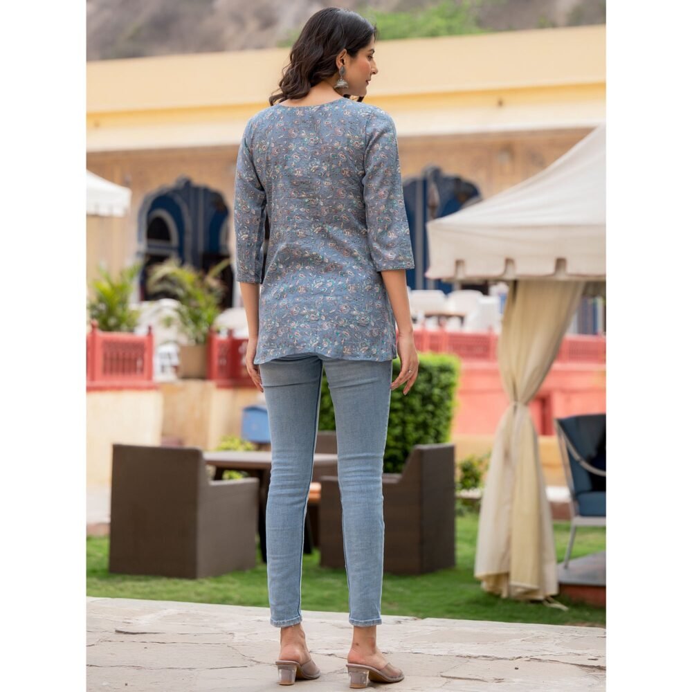 Blue Floral Printed Pure Cotton Top - Image 8