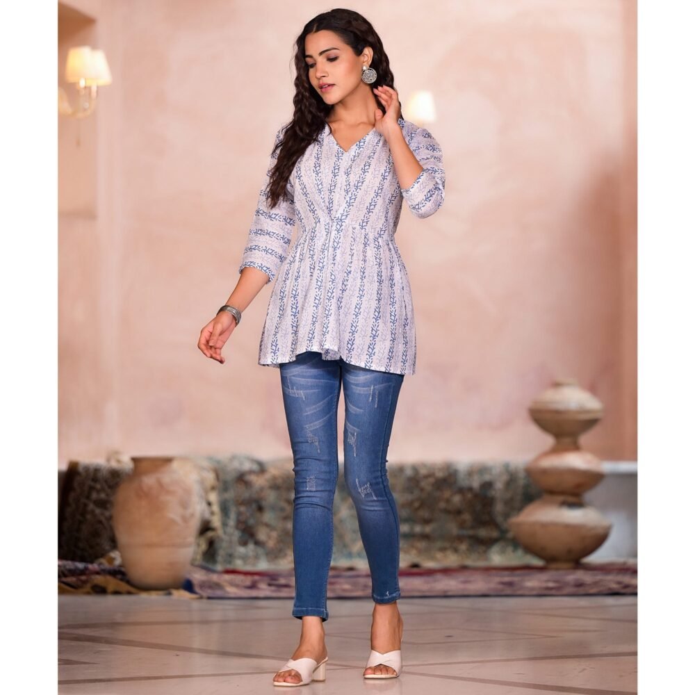 White & Blue Printed Pure Cotton A-Line Top - Image 8