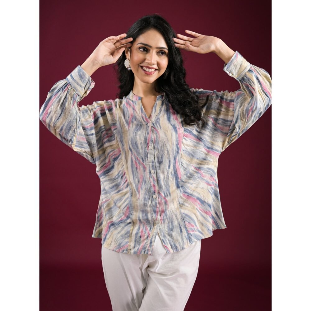 Blue Foil Printed Chanderi Silk A-Line Top - Image 8