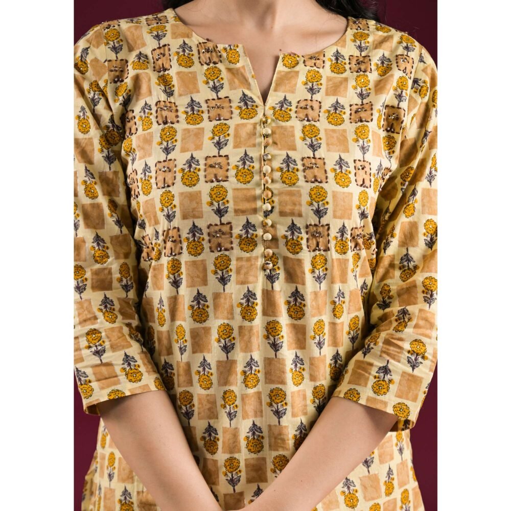 Mustard Floral Printed Pure Cotton Straight Kurti - Image 8