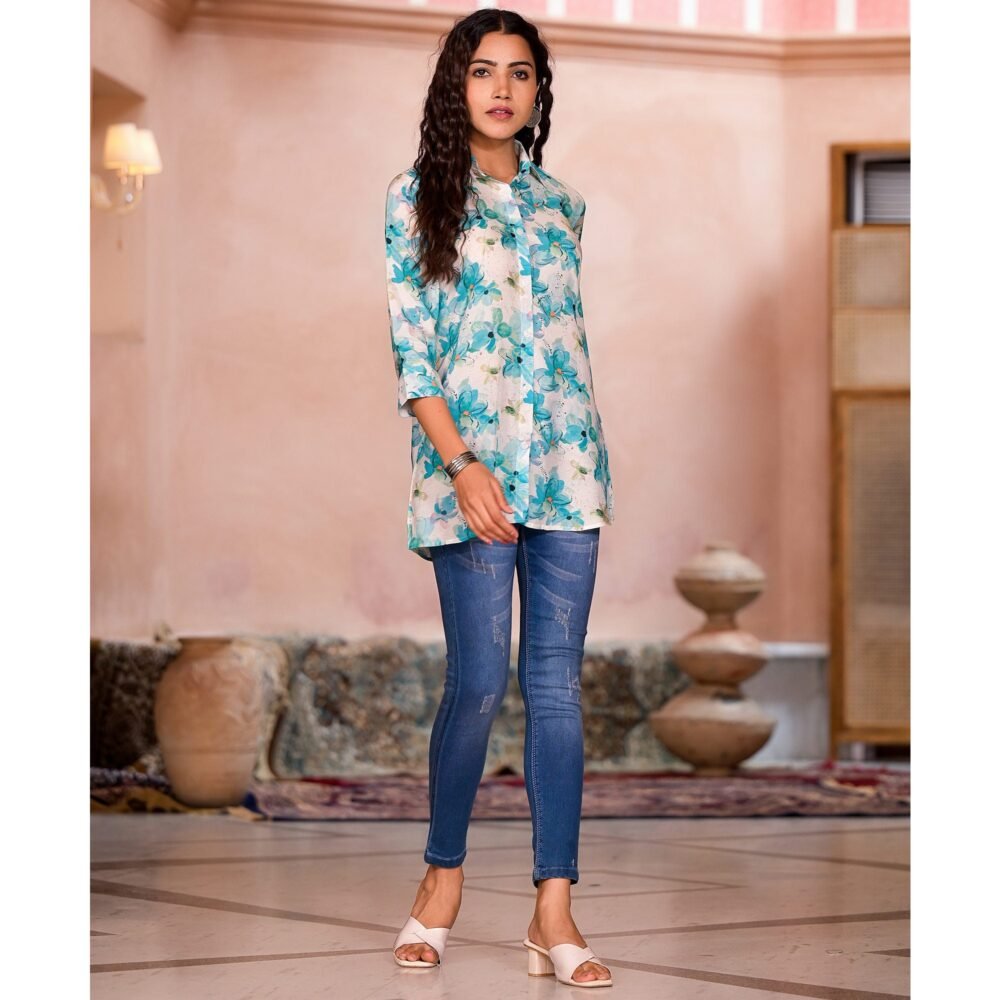 Turquoise Floral Printed Muslin Top - Image 8