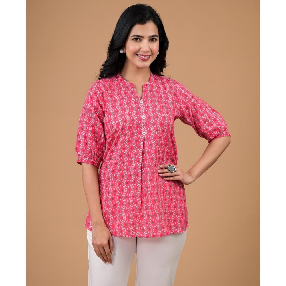 Pink Foil Printed Pure Cotton A-Line Top - Image 8