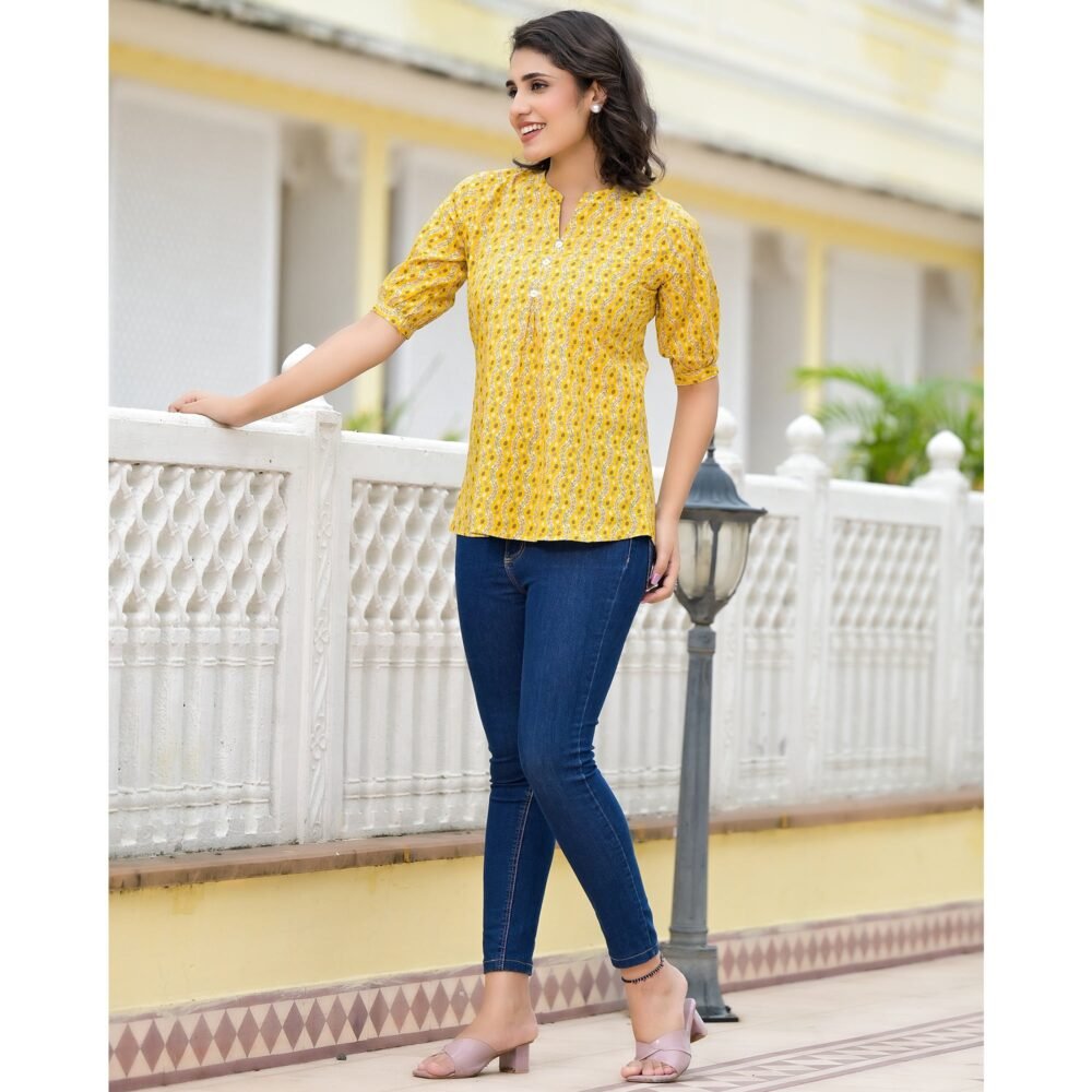 Yellow Foil Printed Pure Cotton A-Line Top - Image 8