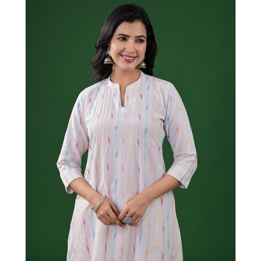 White Printed Pure Cotton A-Line Kurti - Image 8