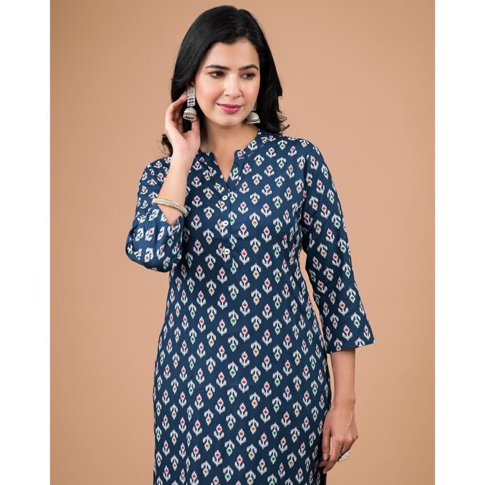 Navy Blue Rayon Printed Straight Kurti - Image 8