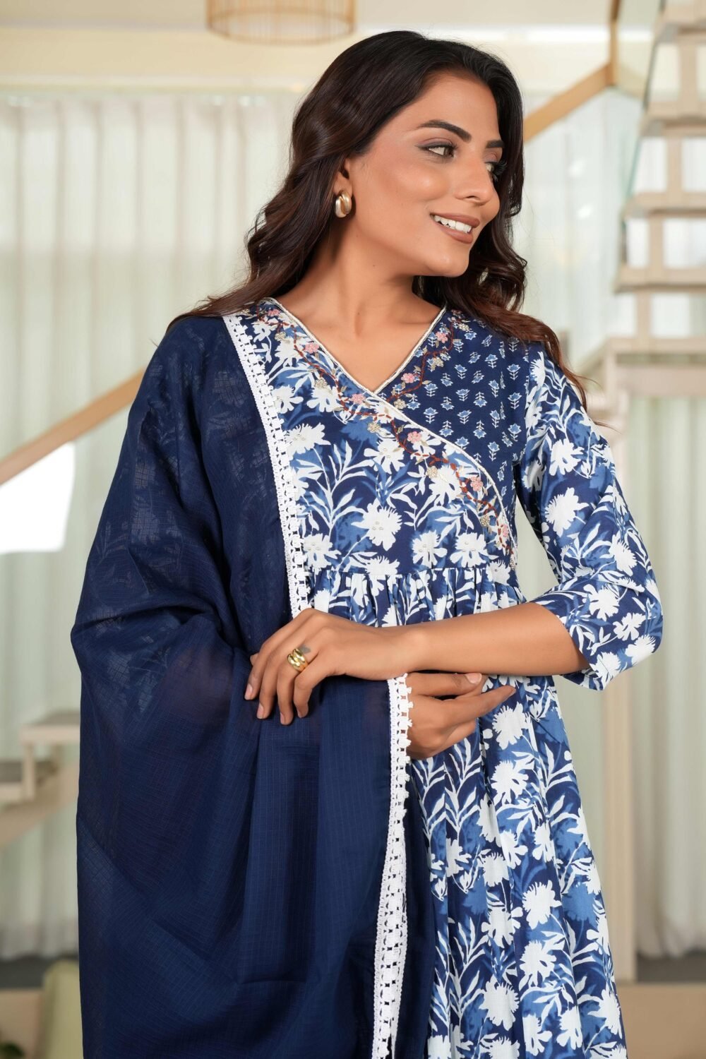 Dark Blue Anarkali Salwar Suit Featuring Floral Prints on Pure Cotton - Image 8