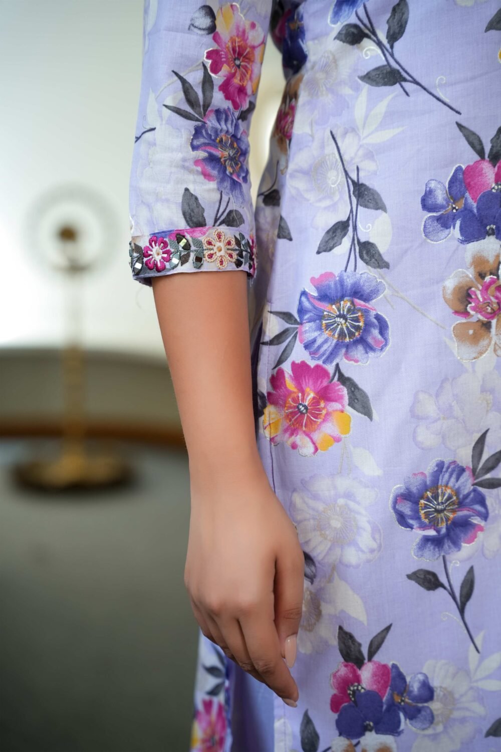 Soft Floral Printed Straight Kurta Set in Light Lavender Pure Cotton for Subtle Elegance - Image 8