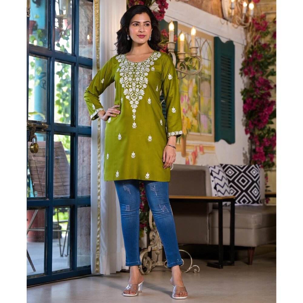 Green Embroidered Rayon Straight Top - Image 9