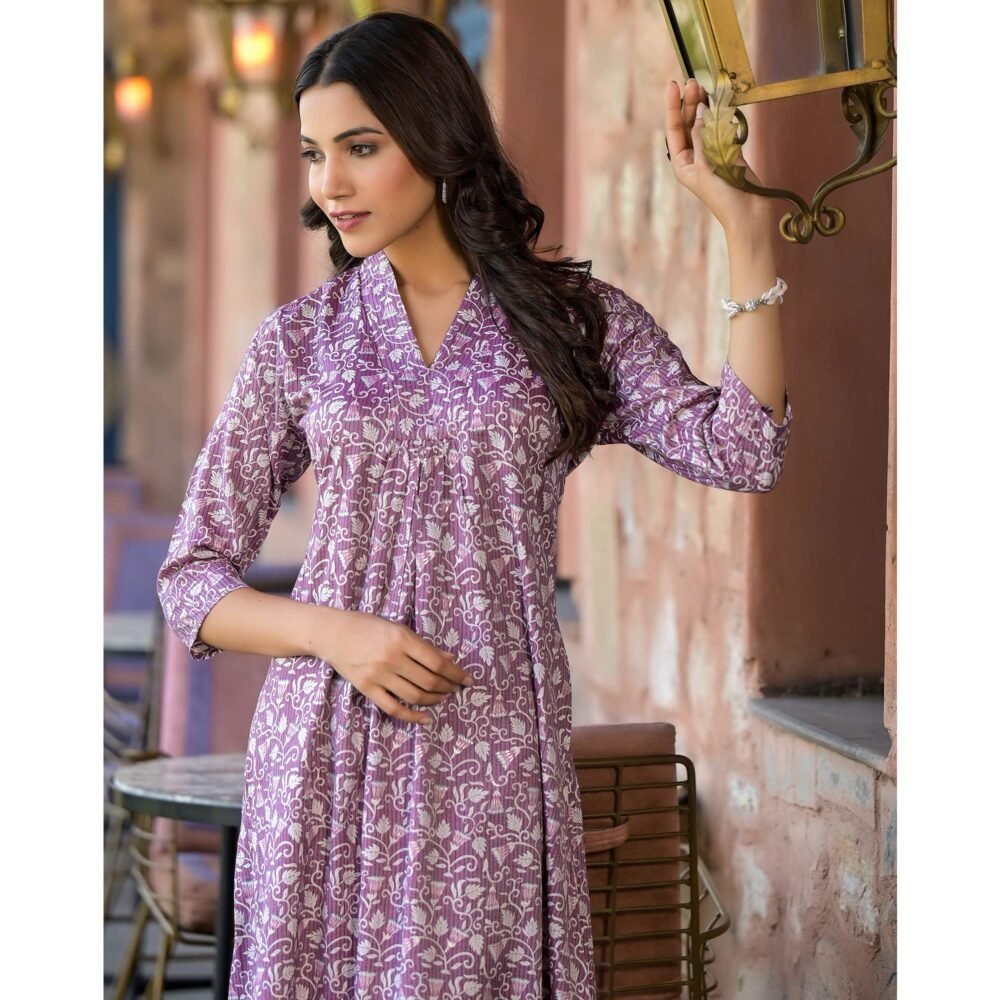 Purple Floral Printed Rayon A-line Kurti - Image 9