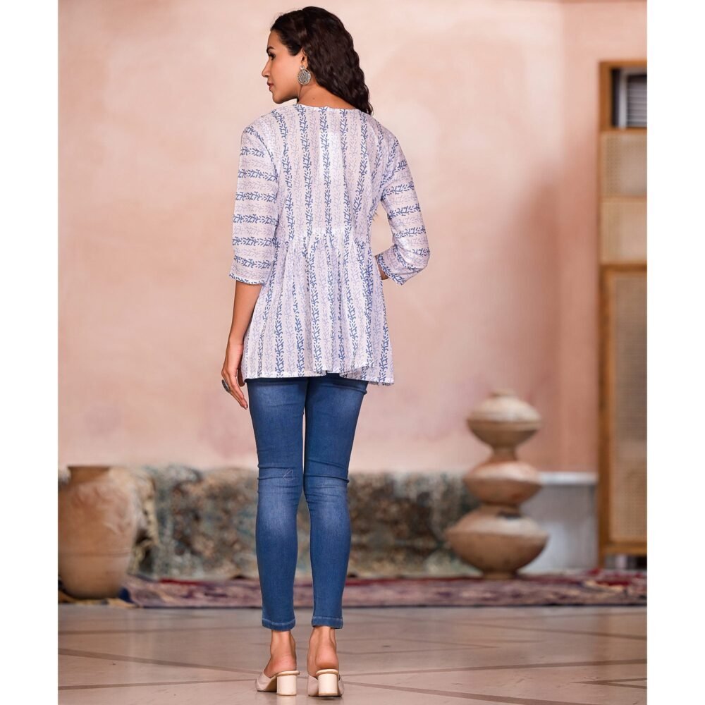 White & Blue Printed Pure Cotton A-Line Top - Image 9
