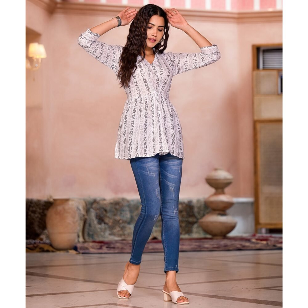 White & Brown Printed Pure Cotton A-Line Top - Image 9