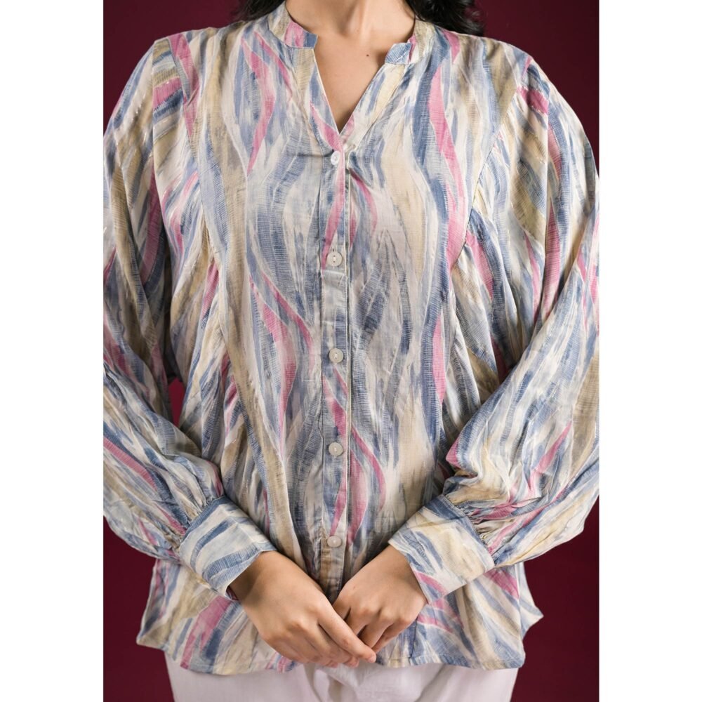 Blue Foil Printed Chanderi Silk A-Line Top - Image 9