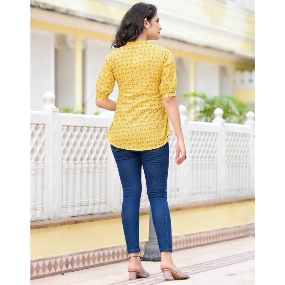 Yellow Foil Printed Pure Cotton A-Line Top - Image 9