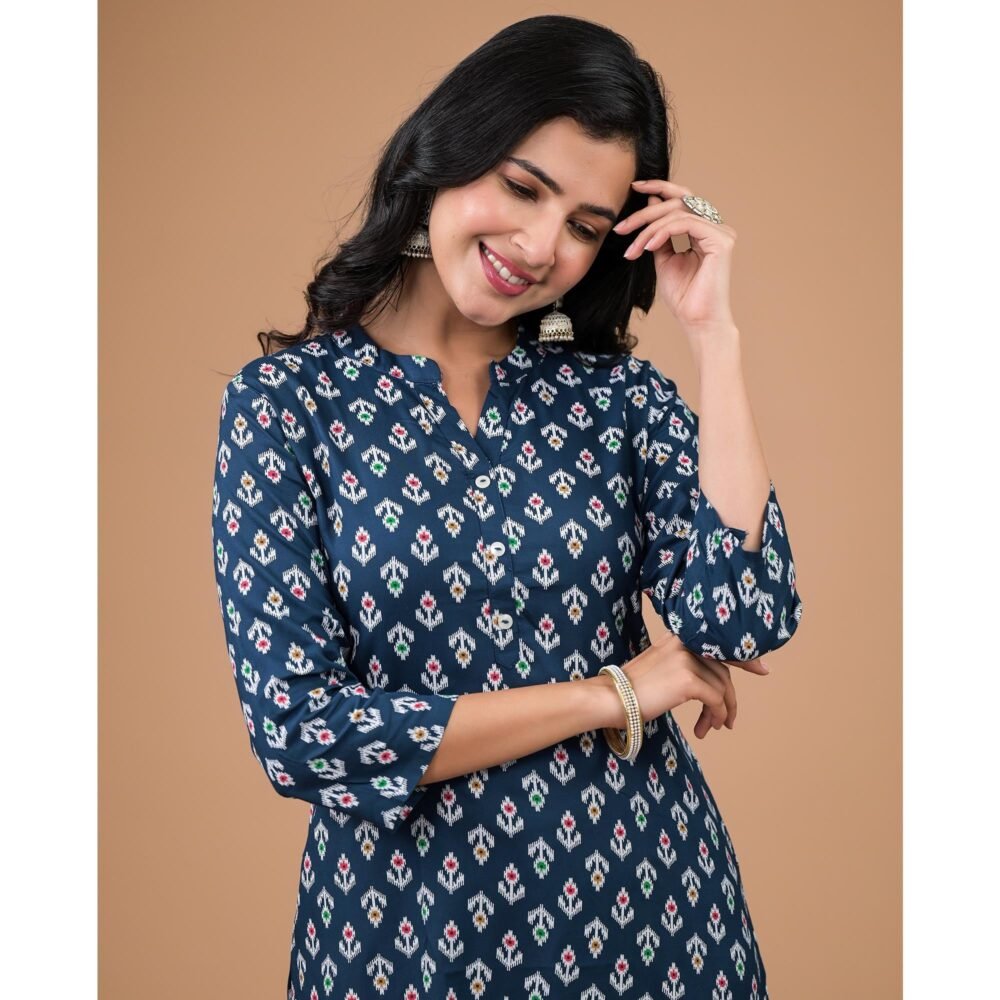 Navy Blue Rayon Printed Straight Kurti - Image 9