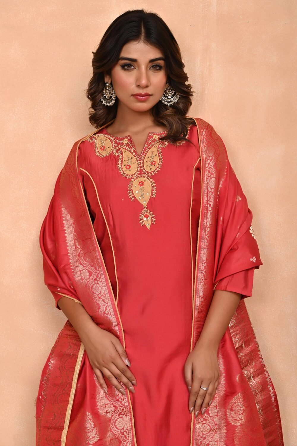 Rusty Red Embroidered A-Line Chanderi Silk Salwar Suit with Delicate Patchwork Detailing - Image 9