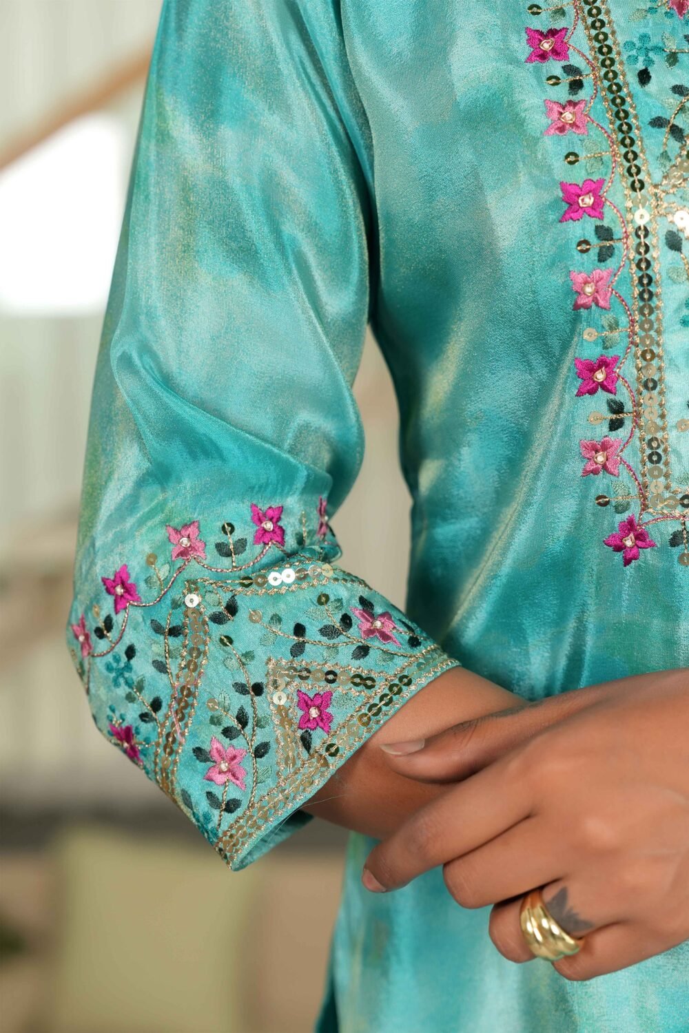 Turquoise Embroidered Organza Sharara Set with Delicate Floral Sequins - Image 9