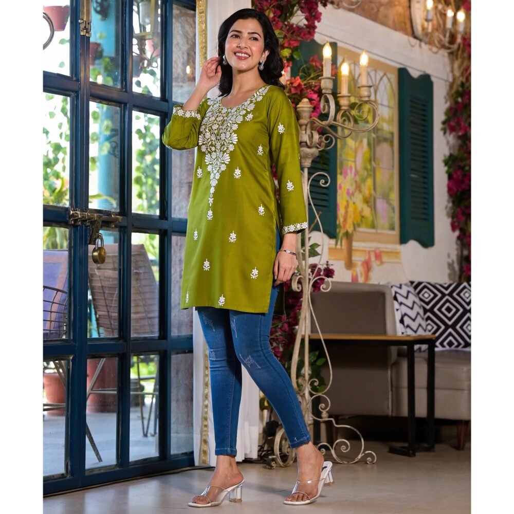 Green Embroidered Rayon Straight Top - Image 10