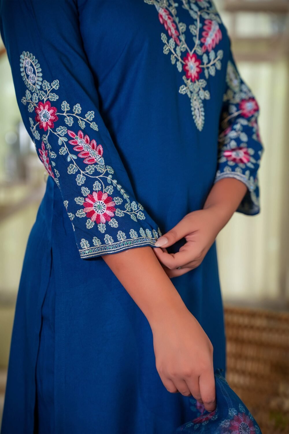 Navy Blue Heavy Viscose Rayon Straight Suit with Delicate Floral Embroidery for Graceful Style - Image 9