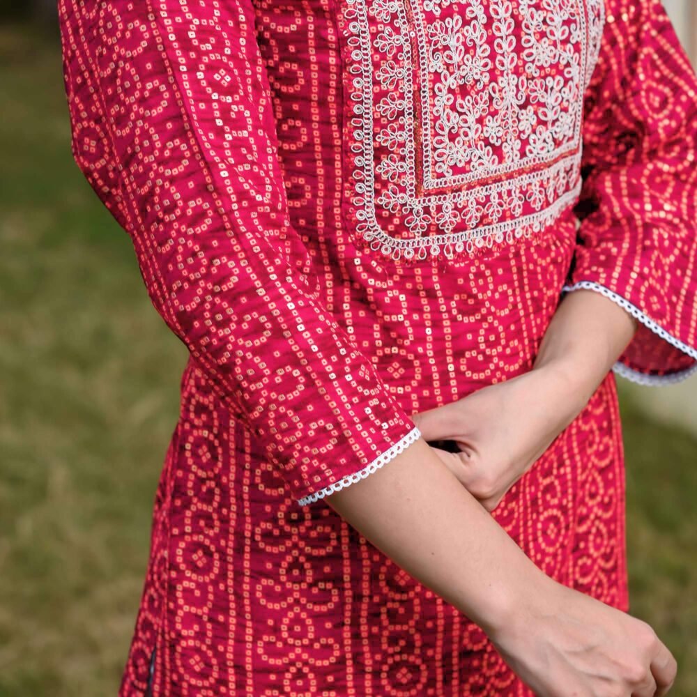 Red Foil Bandhani Printed With Embroidered Rayon Kurti - Image 4