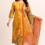 Yellow Floral Printed Pure Cotton Straight Cut Suit Accentuated With Graceful Mirror & Beads Work