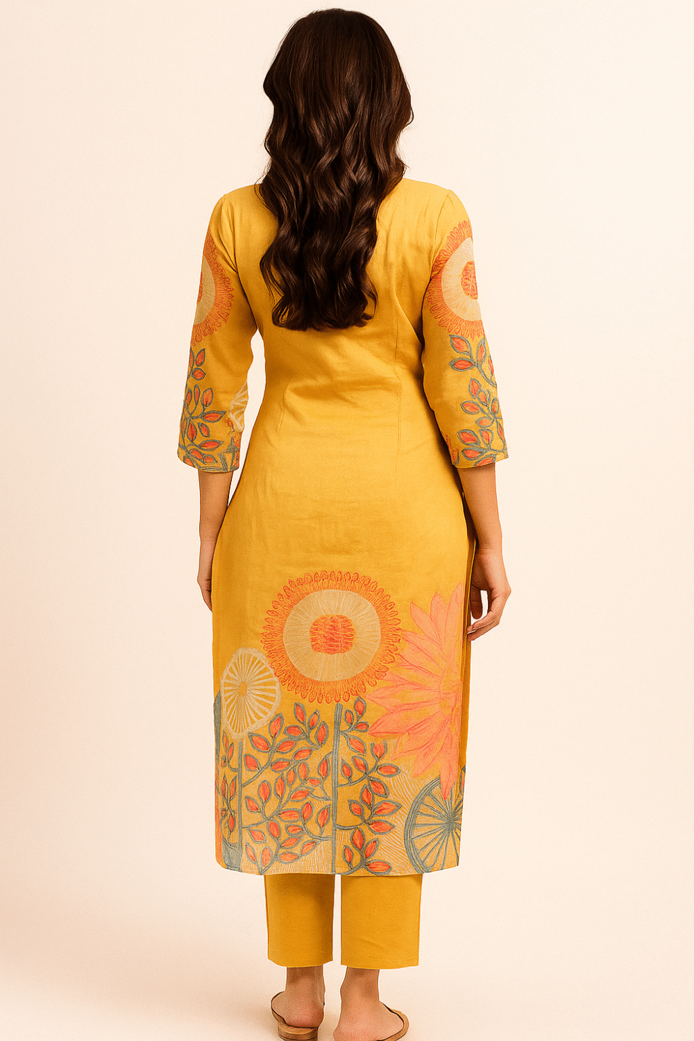 Yellow Floral Printed Pure Cotton Straight Cut Suit Accentuated With Graceful Mirror & Beads Work - Image 3