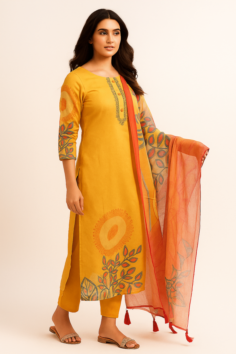 Yellow Floral Printed Pure Cotton Straight Cut Suit Accentuated With Graceful Mirror & Beads Work - Image 4