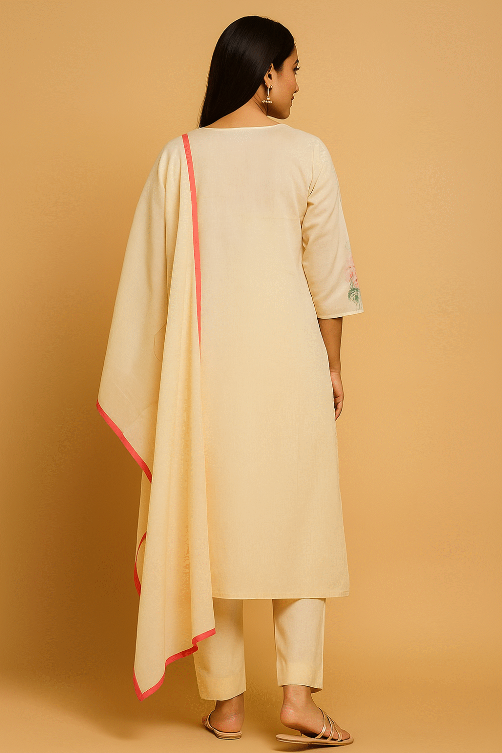 Off White Straight Cut Salwar Suit in Pure Cambric Cotton with Floral Design - Image 3