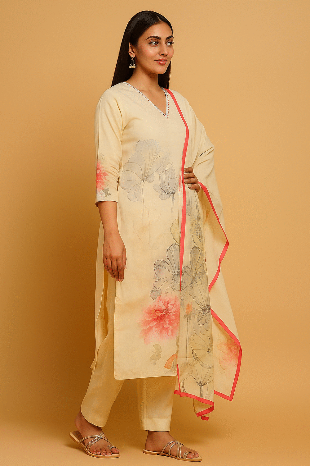 Off White Straight Cut Salwar Suit in Pure Cambric Cotton with Floral Design - Image 4