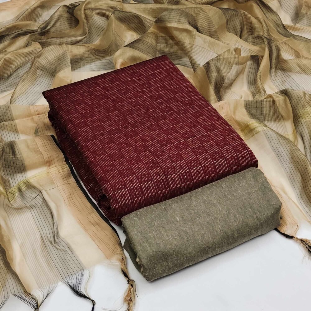 Maroon Woven Cotton Blend Dress Material - Image 9