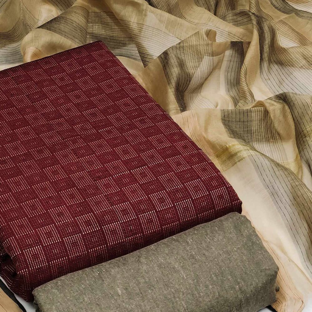 Maroon Woven Cotton Blend Dress Material - Image 10