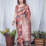 Pure Banarasi Digitally Printed Silk Saree Weaved With Zari Comes With Tassels.