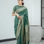 Green Pure Kanjivaram Silk Weaved With Copper Zari Comes With Heavy Kanjivaram Brocade Blouse
