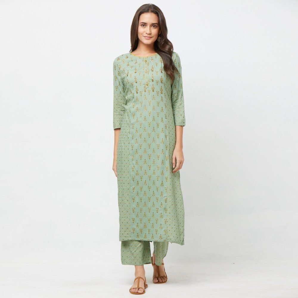 Pastel Green Printed Cotton Blend Kurti-Palazzo Set - Image 3