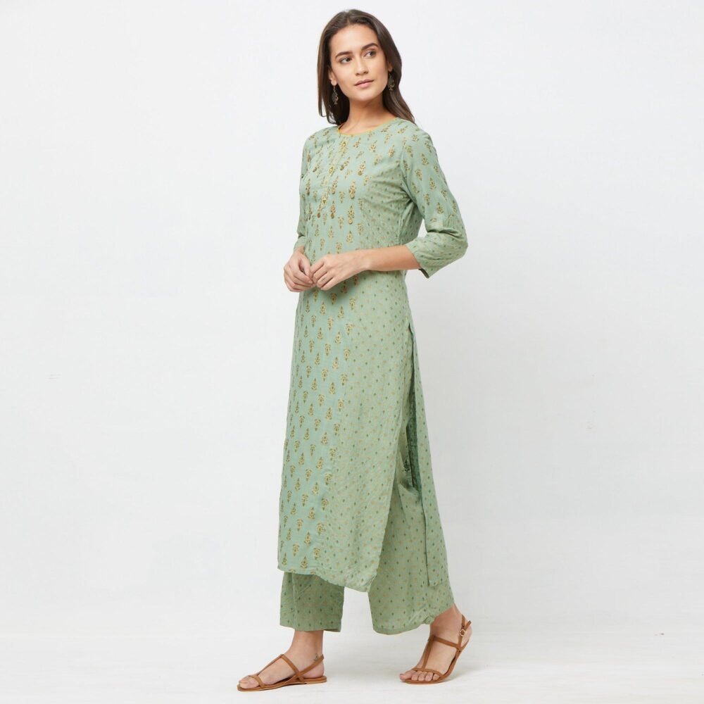 Pastel Green Printed Cotton Blend Kurti-Palazzo Set - Image 4