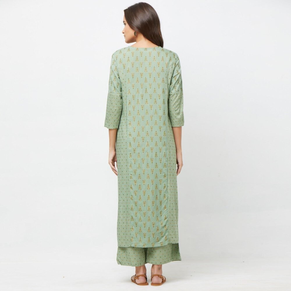 Pastel Green Printed Cotton Blend Kurti-Palazzo Set - Image 5