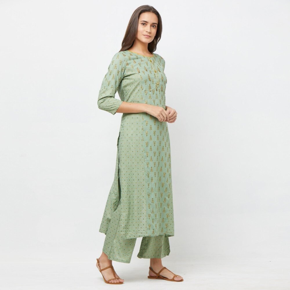 Pastel Green Printed Cotton Blend Kurti-Palazzo Set - Image 6
