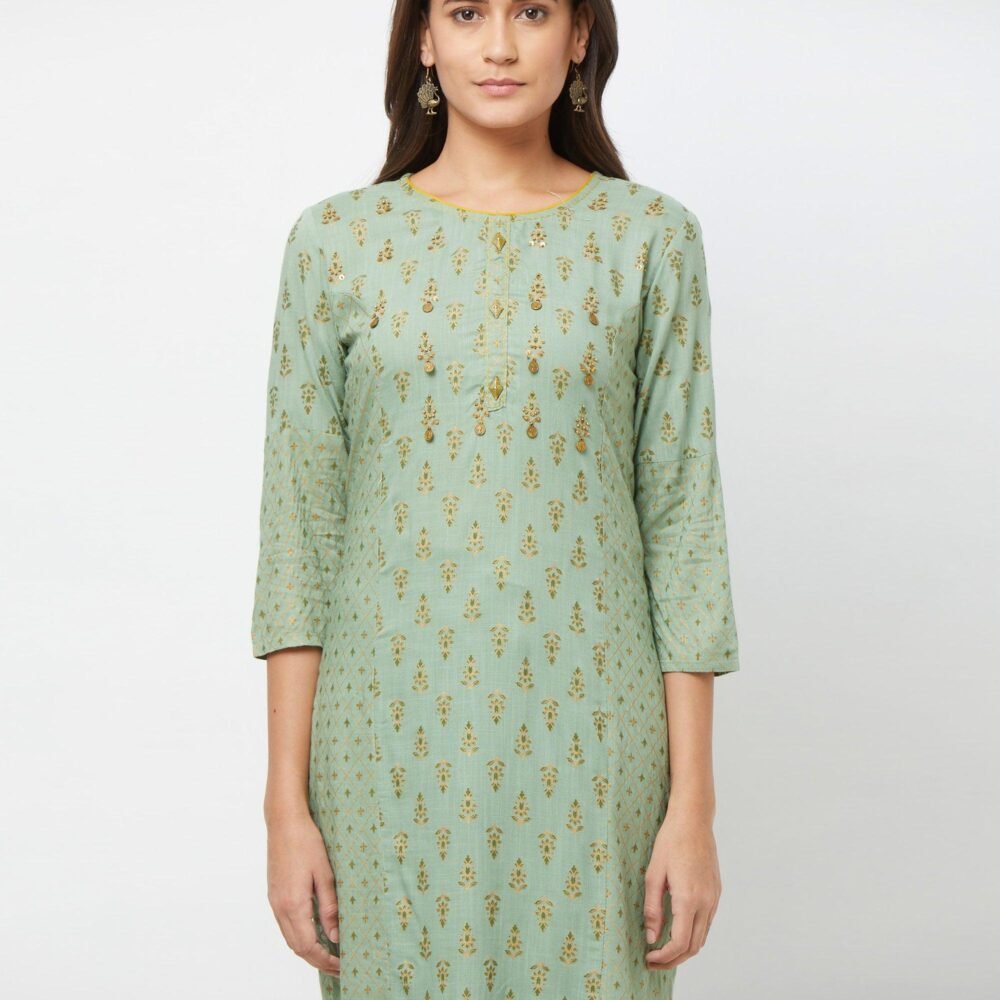 Pastel Green Printed Cotton Blend Kurti-Palazzo Set - Image 7